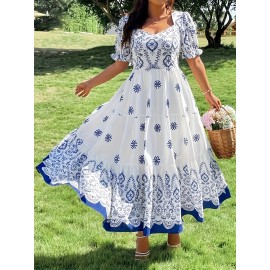 Plus Size, Women's Elegant Maxi Dress - Flared A-Line Formal & Casual Dresses, Easy-Care Hand Washable Everyday & Special Occasion Outfits, Cute Dresses, Special Event Attire, Nontransparent Fabric, Decorative Floral Print