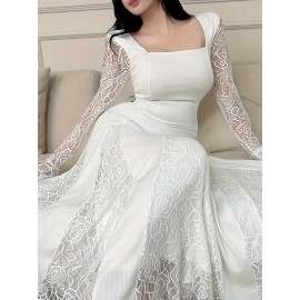 [Elegant Plus Size Dress] Elegant Plus Size Lace-Trimmed Long Sleeve Dress | White Bodycon with Floral Pattern, High Neck, Flowing Skirt, Stretchy Fabric - Perfect for Weddings & Formal Events