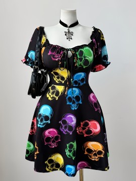 Plus Size - Plus Size, Women'S Plus Size Halloween Party Dress - Gothic Skull Print in Black, Blue, Green, Pink, Orange, Purple - Flared Hem Formal & Costume Party Outfit - Elegant Halloween Party Attire for Women, Festive Wear, Round Neckline