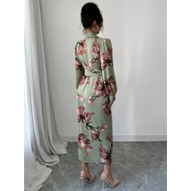 Plus Size, Women's Floral Print maxi Dress - Elegant V-Neck Long Formal & Casual Dresses, Non-Stretchy Fabric, Machine Washable for Wedding, Party, Everyday Outfits - Plus Size Friendly, Cute Dresses