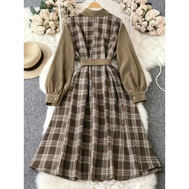 [Elegant Plaid Dress] Plus Size Elegant Women's Plaid Long Sleeve Dress | Brown & Beige Checkered Pattern, Contrast Collar, Button-Up Front, Flowy A-Line Silhouette - Perfect for Spring/Fall Casual or Formal Occasions, Polyester Fabric