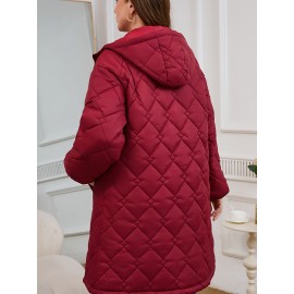 Women's Elegant Quilted Hooded Jacket with Zipper Closure - Large Square Pattern, Machine Washable, All-Season Versatile Outerwear for Casual & Formal Wear, Formal Coat, Easy Maintenance Coat