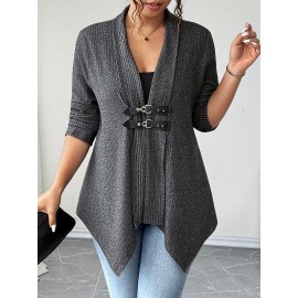 [Plus Size Cardigan] Plus Size - Women's Elegant Casual Cardigan - Long Sleeve, Asymmetrical Hem, Button- Front, Button Closure, Medium Stretch, Solid Color, Perfect for Fall/Winter, Casual Wear Cardigan | Asymmetrical Hemline | Button Closure Coat