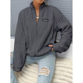 Plus Size, Plus Size Women's Elegant Casual Double-Faced Fleece-Lined Jacket with Ribbed Cuffs & High Neck, 100% Polyester Machine-Washable All-Season Outerwear, Black