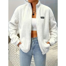 Plus Size, Plus Size Women's Elegant Casual Double-Faced Fleece-Lined Jacket with Ribbed Cuffs & High Neck, 100% Polyester Machine-Washable All-Season Outerwear, Black