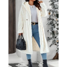 Plus Size - Women'S Plush Fleece-Lined Hooded Coat - Cozy Double-Breasted Mid-Length Winter Coat with Fluffy Lining, Elegant Solid Color Design for Fall/Winter, Warm & Stylish Outerwear, Winter Coats, Fall Fashion, Soft Texture