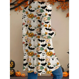 Plus Size, Women's Plus Size Halloween Pumpkin Bat Flower Print Long Sleeve Jacket Cardigan Coat