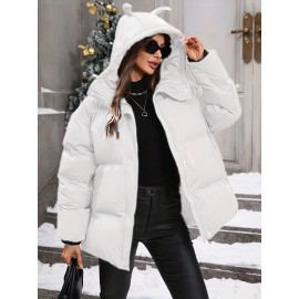 Plus Size - Plus Size Women'S Elegant Hooded Winter Coat - Warm Zip-Up Jacket with Long Sleeves, Solid Color Regular Fit for Cold Weather, Stylish Outdoor & Casual Wear, Winter Coats, Cold Weather Apparel, Sleek Design, Structured Design