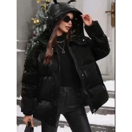 Plus Size - Plus Size Women'S Elegant Hooded Winter Coat - Warm Zip-Up Jacket with Long Sleeves, Solid Color Regular Fit for Cold Weather, Stylish Outdoor & Casual Wear, Winter Coats, Cold Weather Apparel, Sleek Design, Structured Design