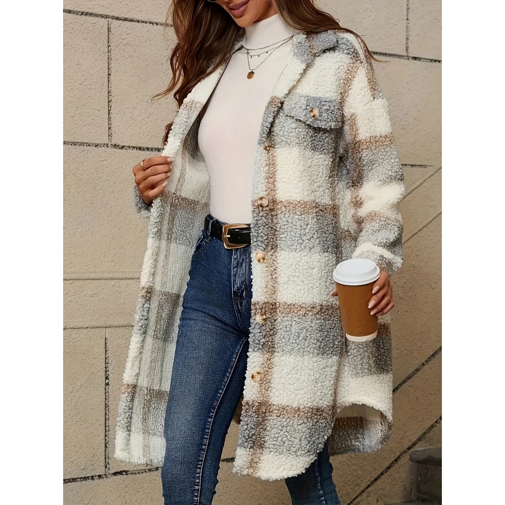 Women's Casual Plaid Faux Fur Coat with Button Front & Lapel Collar - Machine Washable All-Season Outerwear Beige/White/Brown/Gray/Black, Casual Attire, Stylish Jacket, Cozy Fabric, Buttonup Jacket, Fashion Lovers
