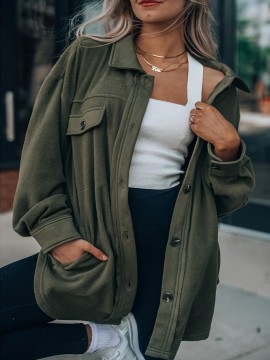 Plus Size - Plus Size - Women'S Plus Size Olive Green Bomber Jacket - Casual Long Sleeve with Pockets, Lapel Collar, Drop Shoulder Design, Perfect for Spring/Fall Commute and Daily Outings, Casual Outerwear | Relaxed Fit Jacket | Functional Pockets
