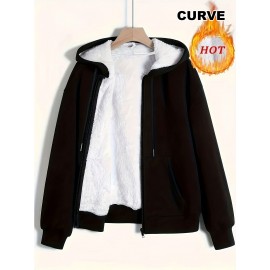 Plus Size Women's Cozy Fleece-Lined Jacket with Hood - Solid Color, Drawstring, Long Sleeves & Zipper - Perfect for Fall/Winter Warmth