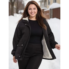 Plus Size - Plus Size Women'S Winter Parka with Drawstring Waist & Hood - Warm Polar Fleece Lined Coat, Casual Black Bomber Jacket for Cold Weather, Winter Parka, Snowy Day Attire, Flared Hem Coat, Nonstretch Fabric