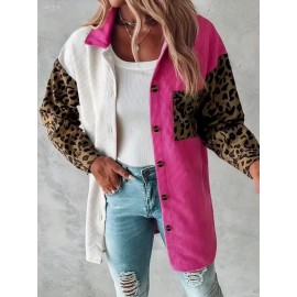 Plus Size, Plus Size Women's Oversized Coat - White & Mustard-Yellow Lapel Collar Jacket with Leopard Print Sleeves, Lapel Button-Front Blazer, Structured All-Season Outerwear (Machine Washable) for Casual & Professional Wear