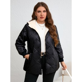 Plus Size, Plus Size Women's Elegant Winter Hooded Coat - Thickened Warm Long Sleeve Black Jacket with White Lining, Machine Washable Regular Fit for Casual & Formal Outfits