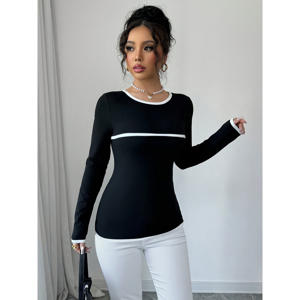 Women'S Elegant Casual Long Sleeve T-Shirt - Slim Fit, Round Neck, Solid Black with White Striped Detail, Stretchy Polyester Blend, Machine Washable, All-Season Comfort
