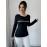 Women'S Elegant Casual Long Sleeve T-Shirt - Slim Fit, Round Neck, Solid Black with White Striped Detail, Stretchy Polyester Blend, Machine Washable, All-Season Comfort