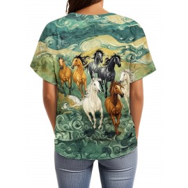 Women'S Casual V-Neck Short Sleeve T-Shirt with Horse & Swirl Print - Relaxed Fit All-Season Comfort, Vibrant Colors, Breathable Fabric for Casual Attire