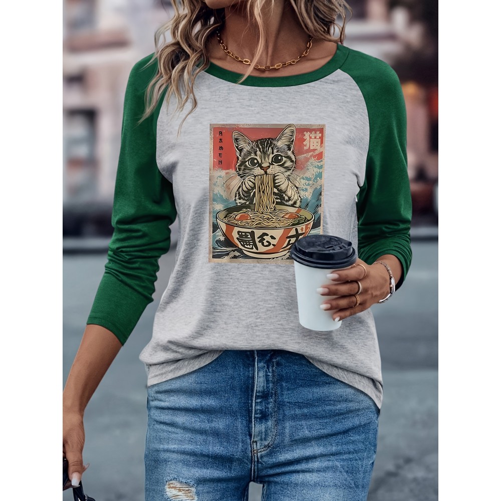 Women's Retro Anime Cat Eating Ramen Graphic Raglan Long Sleeve T-Shirt - Color Block Casual Top with Japanese-Inspired Design, Soft Stretch Fabric, Machine Washable for Spring/Fall, Spring Fall Apparel, Playful Design, Comfortable Fit