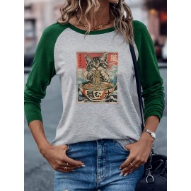 Women's Retro Anime Cat Eating Ramen Graphic Raglan Long Sleeve T-Shirt - Color Block Casual Top with Japanese-Inspired Design, Soft Stretch Fabric, Machine Washable for Spring/Fall, Spring Fall Apparel, Playful Design, Comfortable Fit