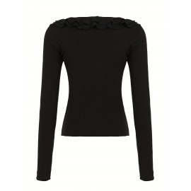Women'S Vintage-Inspired Ruffle Trim Long Sleeve T-Shirt - Slim Fit, Black, Casual Style with Tie Waist Detail, All-Season Wear, Casual Wear Tee | Ruffle Detail Top | Glossy Texture