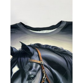 [95% Polyester T-Shirt] Polyester 95% Spandex 5% Women's Summer Casual Crew Neck T-Shirt | Animal Horse Print Short Sleeve Top, All Season Fashion, 175g/m² Lightweight - Perfect Gift for Mom