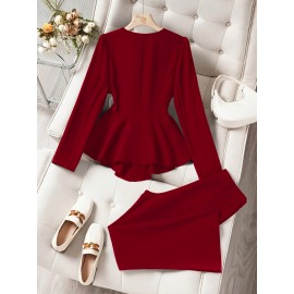2pcs Set: Elegant Solid Color Ruffle Hem Blazer and Flared Pants, Casual Business Outfit