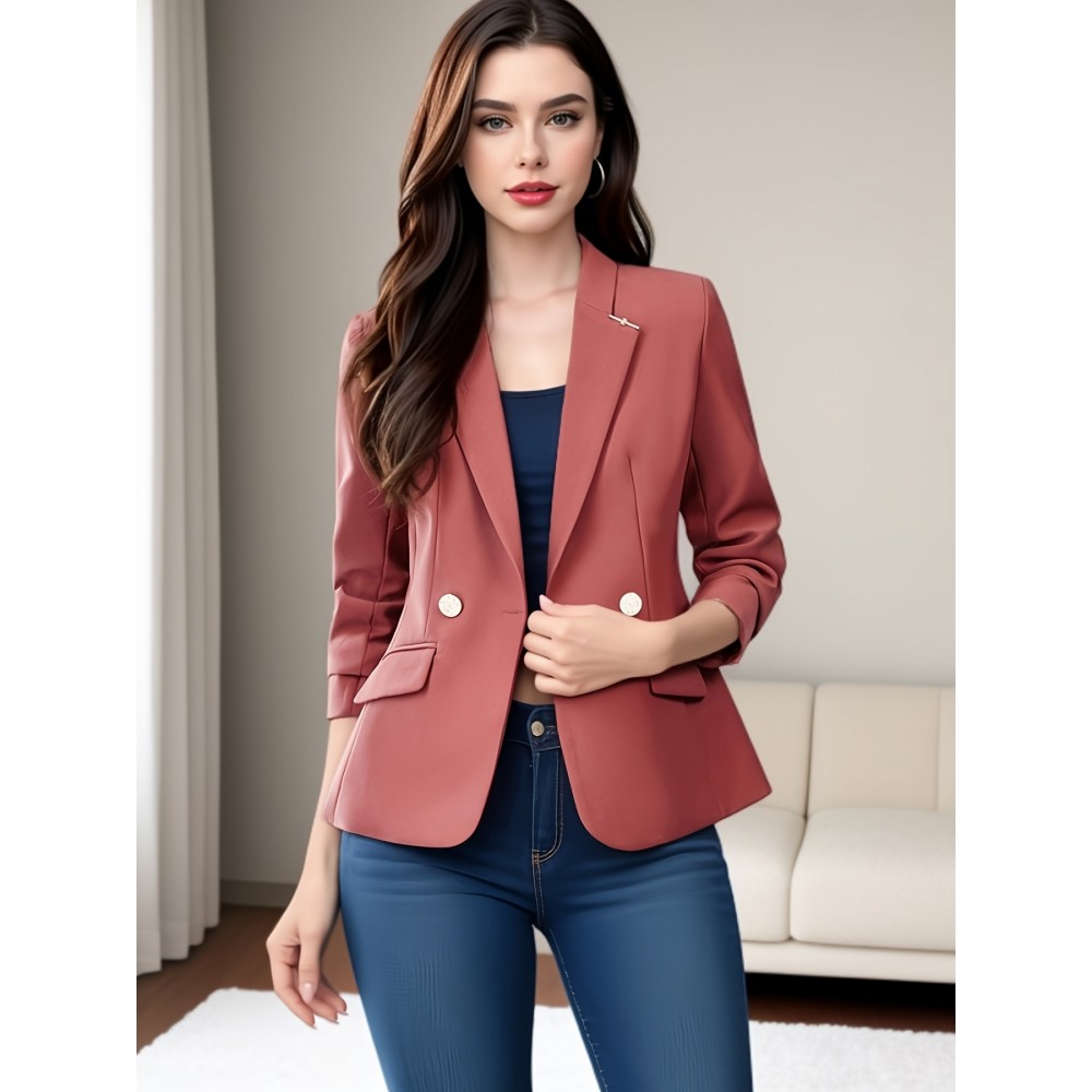 [Chic Double Breasted Blazer] Long Sleeve Double Breasted Chic Blazer for Women - Polyester Lined, Regular Fit, Woven Fabric - Spring/Fall 2024 Collection