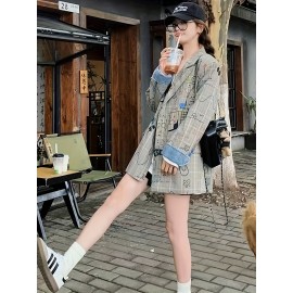 Women's Geometric Print Casual Coat - Loose Fit Mid-Length Jacket with Buttons, 100% Polyester, All-Season Versatile Outerwear