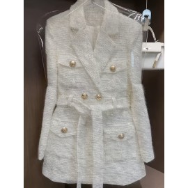 [Elegant Coat] Long Sleeve Elegant Belted Coat | Structured H-Silhouette Jacket with Golden-Tone Buttons & Fur-Lined Cuffs, Machine Washable Solid Color Outerwear for Spring/Fall