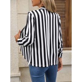Women's Elegant Black & White Striped Blazer Jacket - High Elasticity Loose Fit Long Sleeve, Machine Washable Spring/Fall Casual & Office Wear, Work Attire, Stylish Outerwear, Durable Construction, Versatile Outerwear, Fashion Lovers