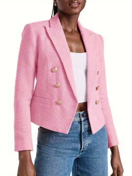Double Breasted Cropped Blazer, Stylish Lapel Neck Open Front Long Sleeve Business Suit For Spring & Fall, Women's Clothing