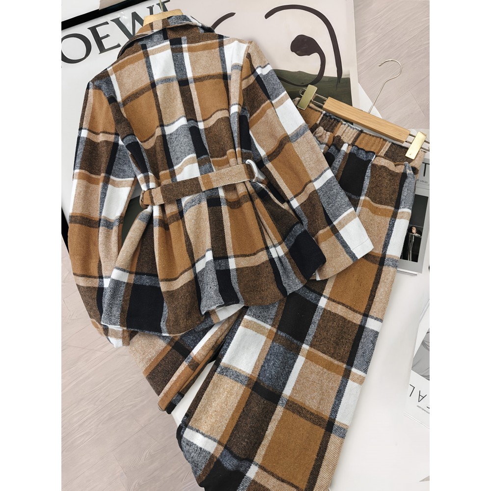 Women'S Stylish Autumn/Winter New High-End Fleece Slim Fit Tie-Up Blazer and Long Pants Suit, 2pcs Set for Office Commuting Versatile Wear, Casual Attire|Sleek Formal Attire|Sleek Design