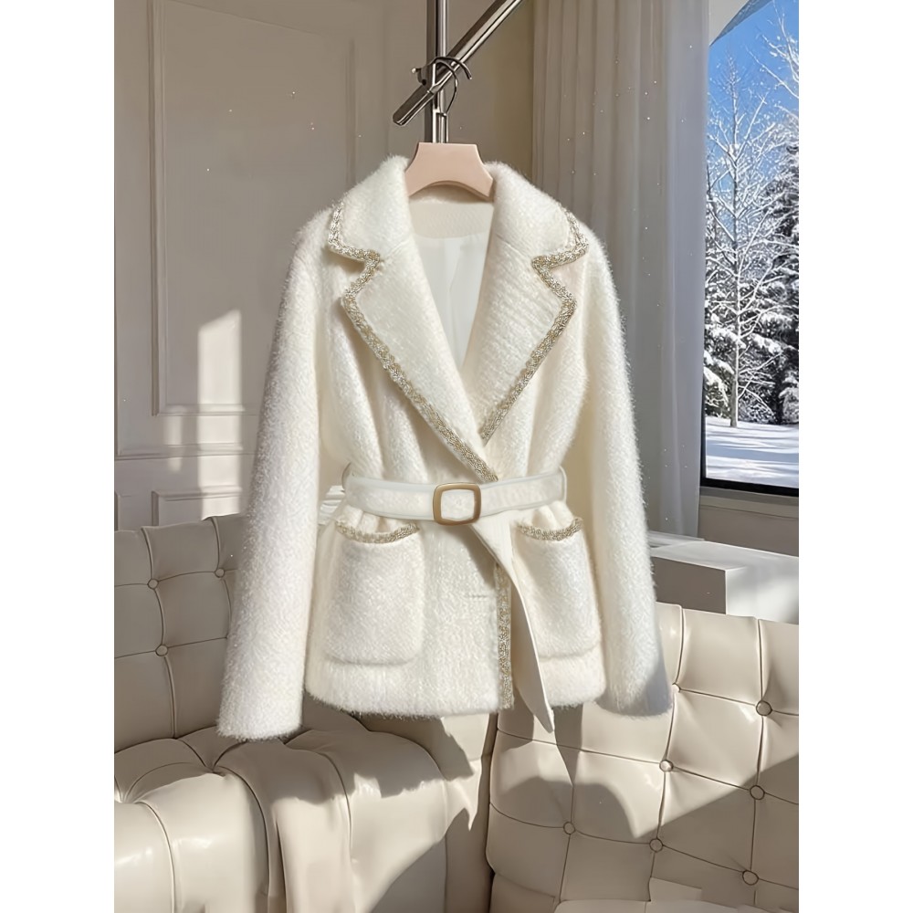 Turn- collar long-sleeve tweed jacket, Women's suit coat