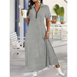 Elegant Plus Size French-Inspired Summer Dress • Waist-Cinching • Short Sleeves • Zipper Detail • Solid Color • Pockets • Flowy Skirt