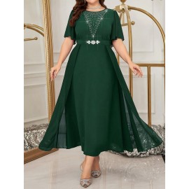 Plus Size - 2025 New Plus-Size Women'S Summer Dress with a Waist-Cinching Design That Flatters The Figure, Elegantly Concealing The Belly, Featuring a Stylish Faux Two-Piece A-Line Silhouette.