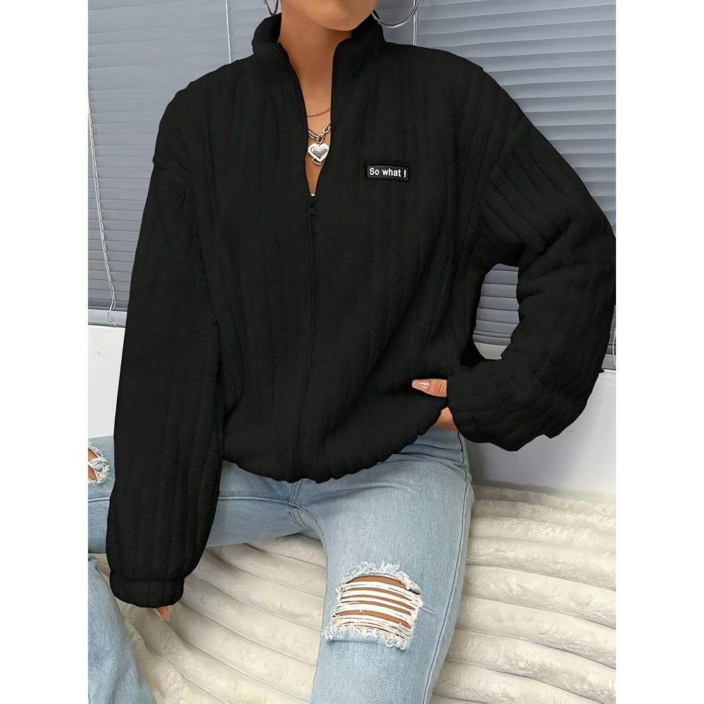 Plus Size, Plus Size Women's Elegant Casual Double-Faced Fleece-Lined Jacket with Ribbed Cuffs & High Neck, 100% Polyester Machine-Washable All-Season Outerwear, Black