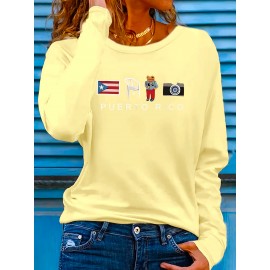 [Stretchy Puerto Rico T-Shirt] Stretchy Polyester Women's Puerto Rico Flag Cartoon Frog Graphic Long Sleeve T-Shirt | Casual Round Neck Top for Spring & Summer Vacation, Machine Washable, Playful Design